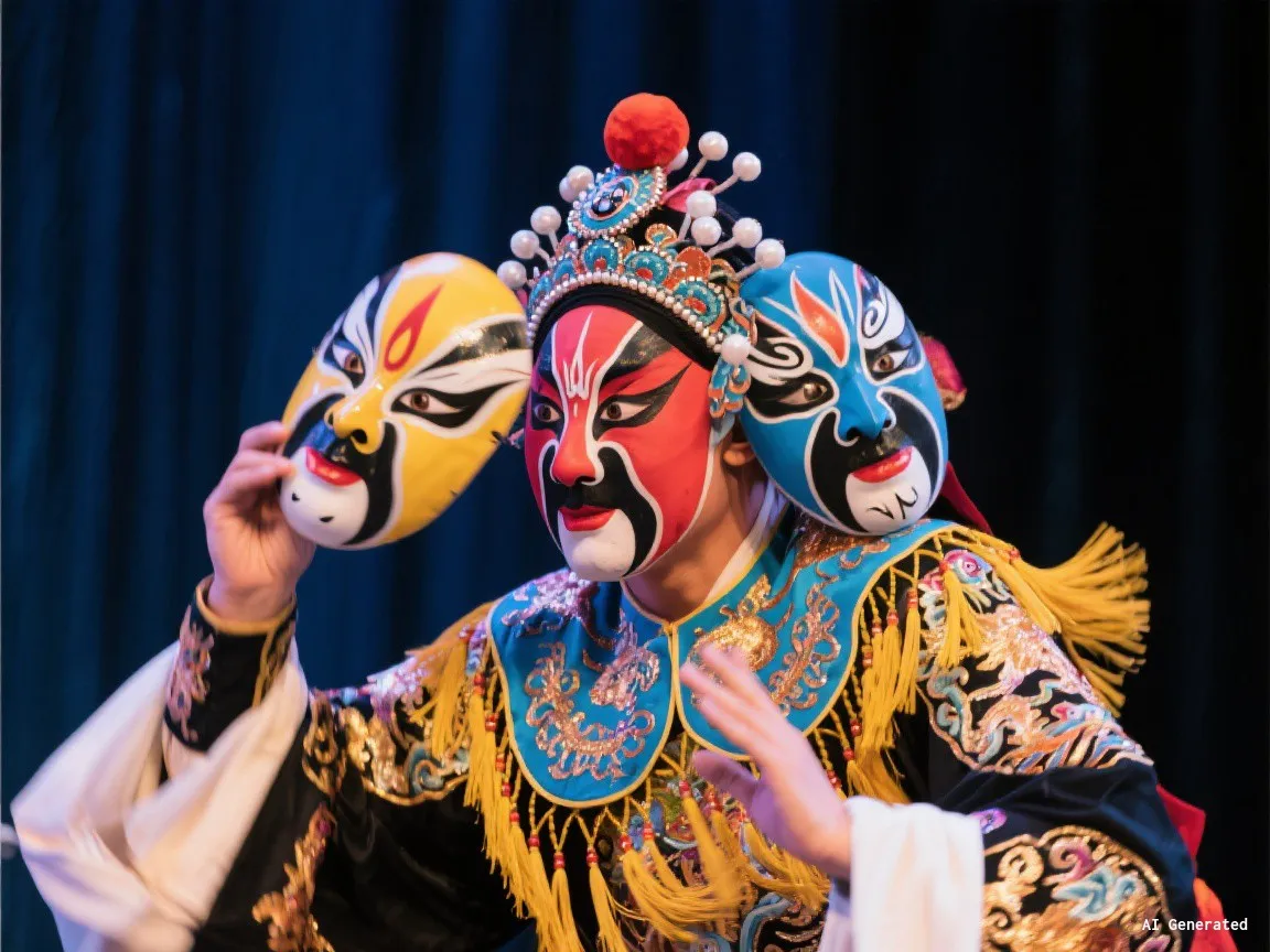 Sichuan opera performer in vivid costume changing face masks