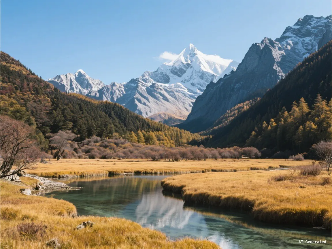 Daocheng Yading three sacred peaks with golden meadows