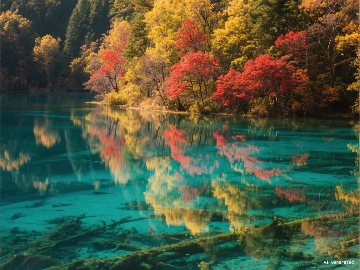 Jiuzhaigou's colorful lake reflecting autumn mountains